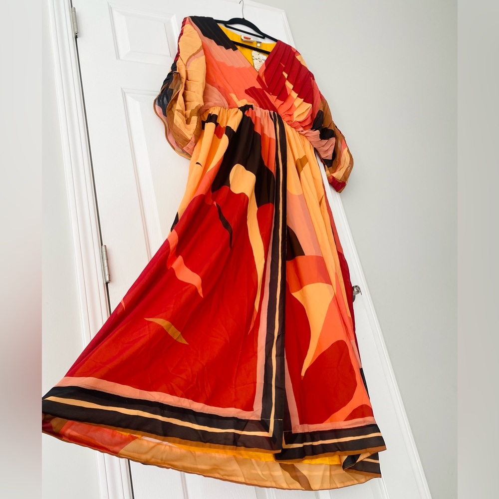 FARM Rio Red Orange & Yellow Abstract Pleated Maxi Dress - Picture 5 of 13
